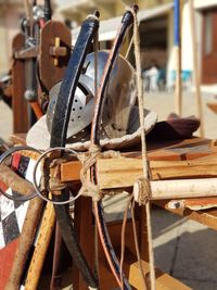 Close-up of ropes on wood