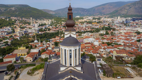 High angle view of buildings in town