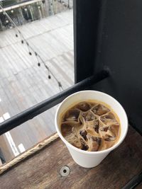 High angle view of soup in bowl on table