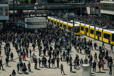 High angle view of people on street in city