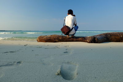 Rear view of man crouching on log at beach