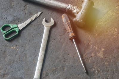 High angle view of tools on table