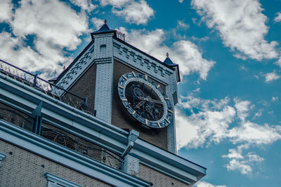 Low angle view of clock tower against sky in city