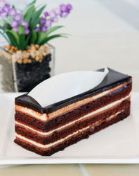 High angle view of cake in plate on table