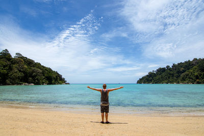 Rear view of man on beach against sky