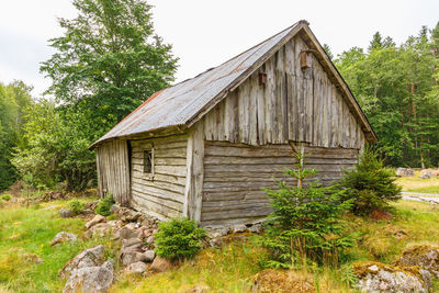 Old wooden house amidst trees and plants against sky