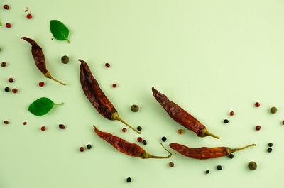 Background of dried pepper, leaves and peppercorns