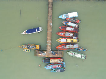 High angle view of boats moored in sea