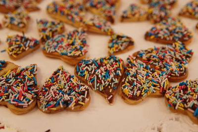 High angle view of candies on table