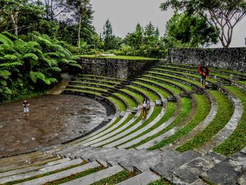 High angle view of man walking on steps