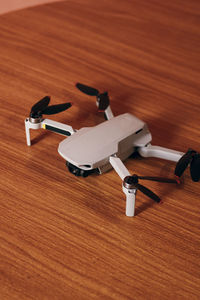 High angle view of equipment on wooden table