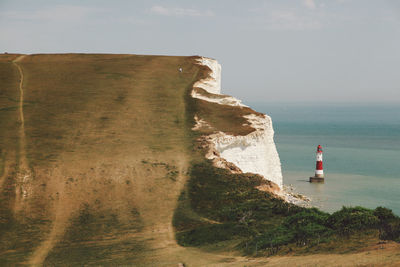 Cliff by sea against sky