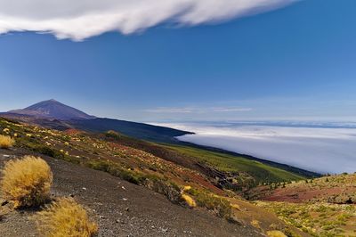 Scenic view of road by mountains against sky