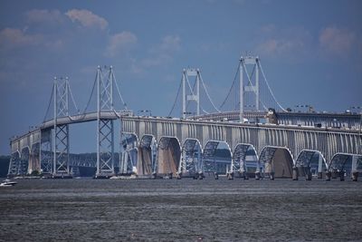 Suspension bridge against sky in city