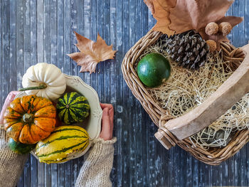 Woman holding a vintage bowl with assorted pumpkins, dry leaves, pine cones and wicker basket 