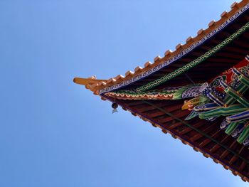 Low angle view of traditional building against clear blue sky