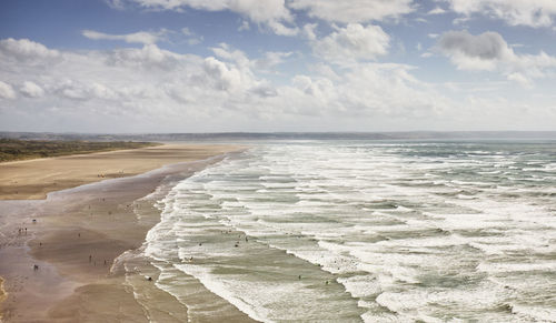 A wide angle view looking down on saunton sands beach in north devon, uk.