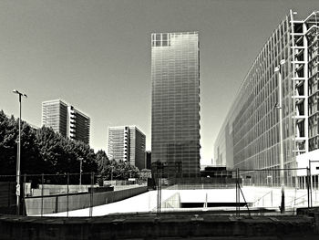 Low angle view of buildings against clear sky