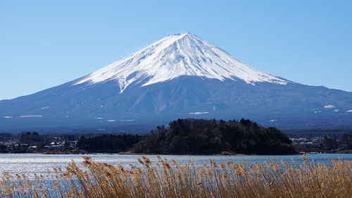 Scenic view of snowcapped mountains against clear sky