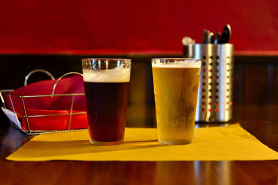 Close-up of beer in glass on table