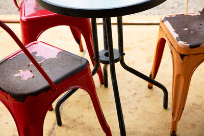 Close-up of empty chairs on table