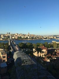 High angle view of buildings in city against clear blue sky