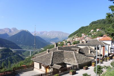 Houses and buildings against clear sky