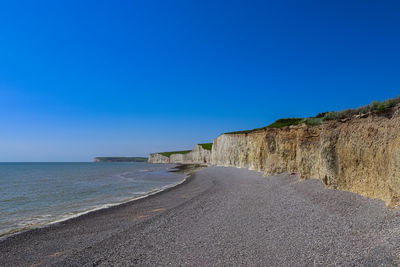 Scenic view of sea against clear blue sky