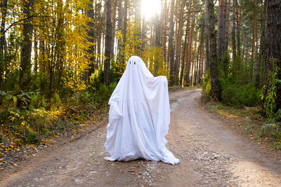 Rear view of woman standing in forest