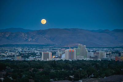 Scenic view of city against sky at dusk