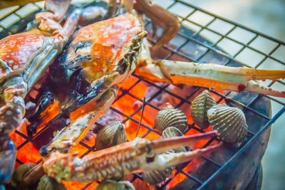 Close-up of meat on barbecue grill