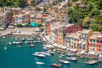 Panorama of portofino seaside bay area with traditional houses, view from castello brown,  italy