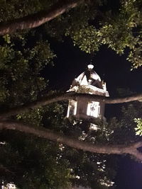 Low angle view of illuminated building by trees at night