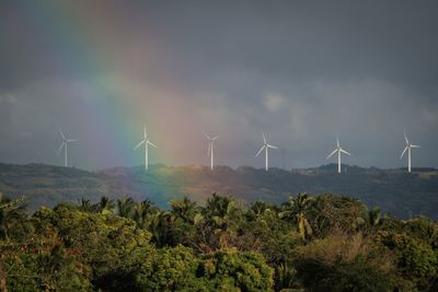 Panoramic view of wind turbines on field against sky
