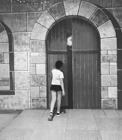 Rear view of man standing on cobblestone