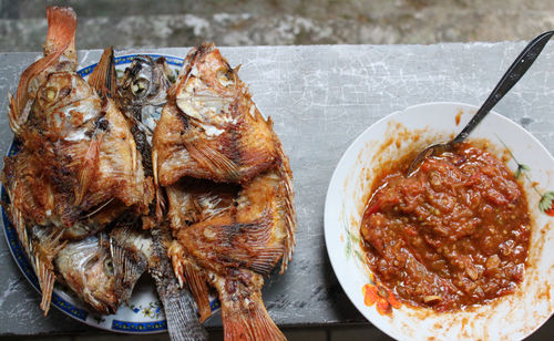 Close-up of meal served on table