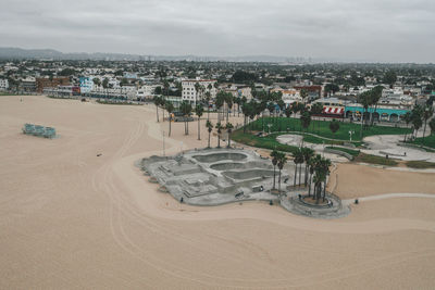 Aerial view of empty venice beach skatepark morning vibe with no people