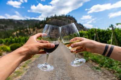 Cropped hands of couple holding wineglass against sky
