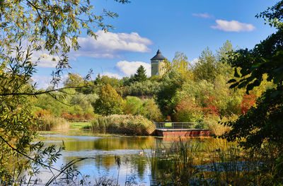 Scenic view of lake by trees against sky