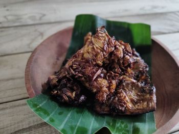 High angle view of meat in plate on table