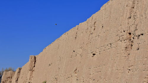 Low angle view of bird flying against clear blue sky