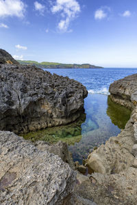 Rock formations on shore against sky