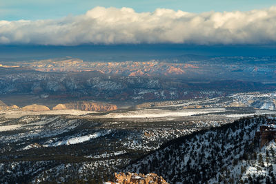 Aerial view of snowcapped landscape against sky