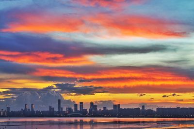 Scenic view of buildings against sky during sunset