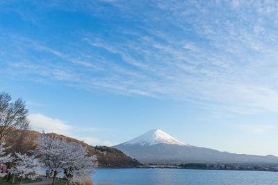 Scenic view of snowcapped fuji mountains by lake against sky