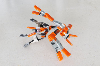 High angle view of clothespin on white background