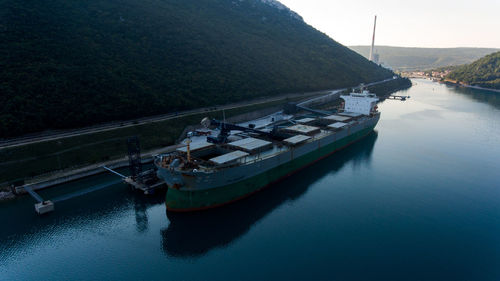 High angle view of boats moored on sea