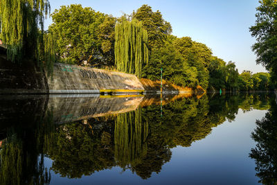 Scenic view of lake by trees against sky