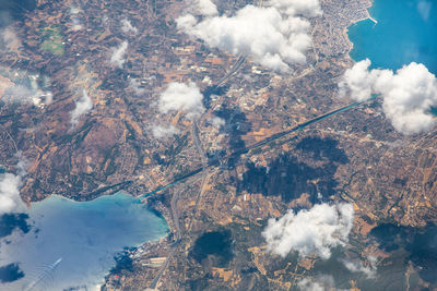 Aerial view of snow covered land