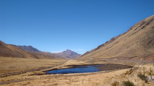 Scenic view of landscape and mountains against clear blue sky